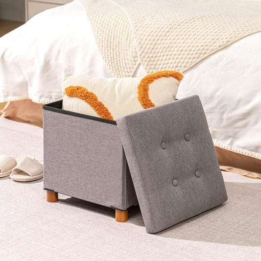 Bonlife Footstool for Living Room,Grey Ottoman Storage Box with 4 Wood Legs,Folding Ottoman Coffee Table with Storag,38x38x38cm