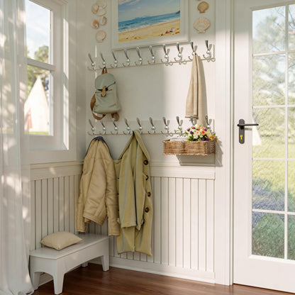 SKOLOO Creations White Solid Wood Wall Mounted Coat Rack, 10 Hooks, 38-1/8" Long - Kitchen, Mudroom, Entryway, Bathroom - Includes Mounting Hardware