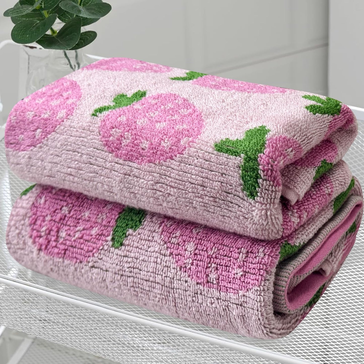 USTIDE Fruit Hand Towels Set of 2 Lovely Pink Strawberry Hand Towel Cotton Hand Towel Soft Absorbent Face Towel for Bathroom Kitchen 14x30 Inch