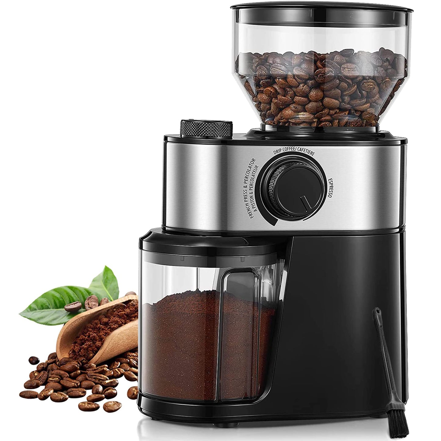Coffee Grinder Burr Electric, 18 Precise Grind Setting, 2-14 Cup, 200W Coffee Grinder for Drip Coffee/French Press, 250g Capacity, with Brush Easy to