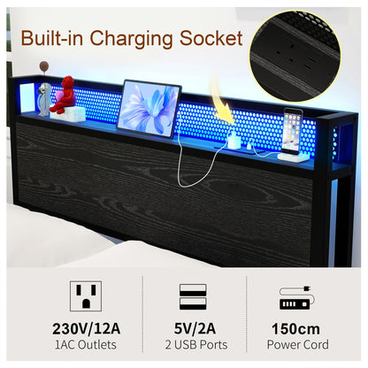 Diahomy 4ft6 Double Bed Frame with Storage Headboard&LED Lights,Black