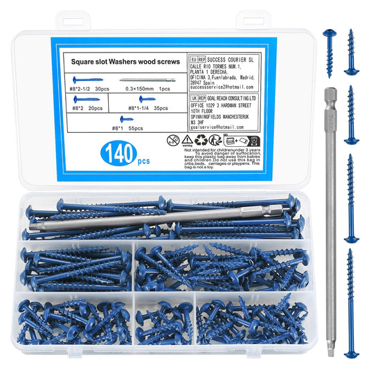140pcs Pocket Hole Screws, #8 Self Tapping Wood Screws, Square Drive Coarse Thread screws, Pan Head Wafer Head Machine screws, Flanged head Truss head