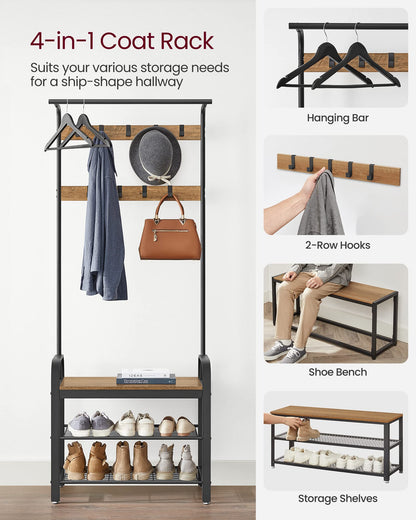 VASAGLE Coat Rack, Coat Stand with Shoe Storage Bench, 4-in-1 Design, with 9 Removable Hooks, a Clothes Rail, for Hallway, Entrance, 34 x 72 x 183 cm,
