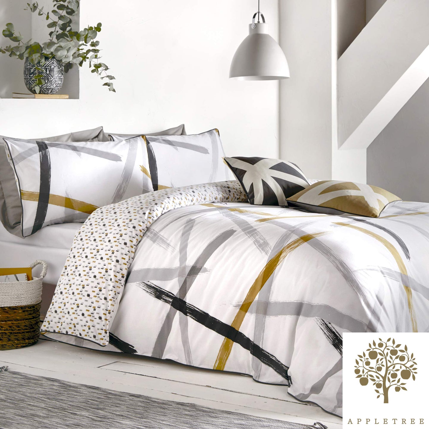 Appletree Leda-100 Duvet Cover Set, Cotton, King, Grey & Ochre