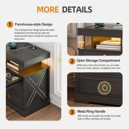 Gurexl LED Bedside Table with Gun Drawer, Charging Bedside Table with USB & Type-C Port, Human Sensor Light