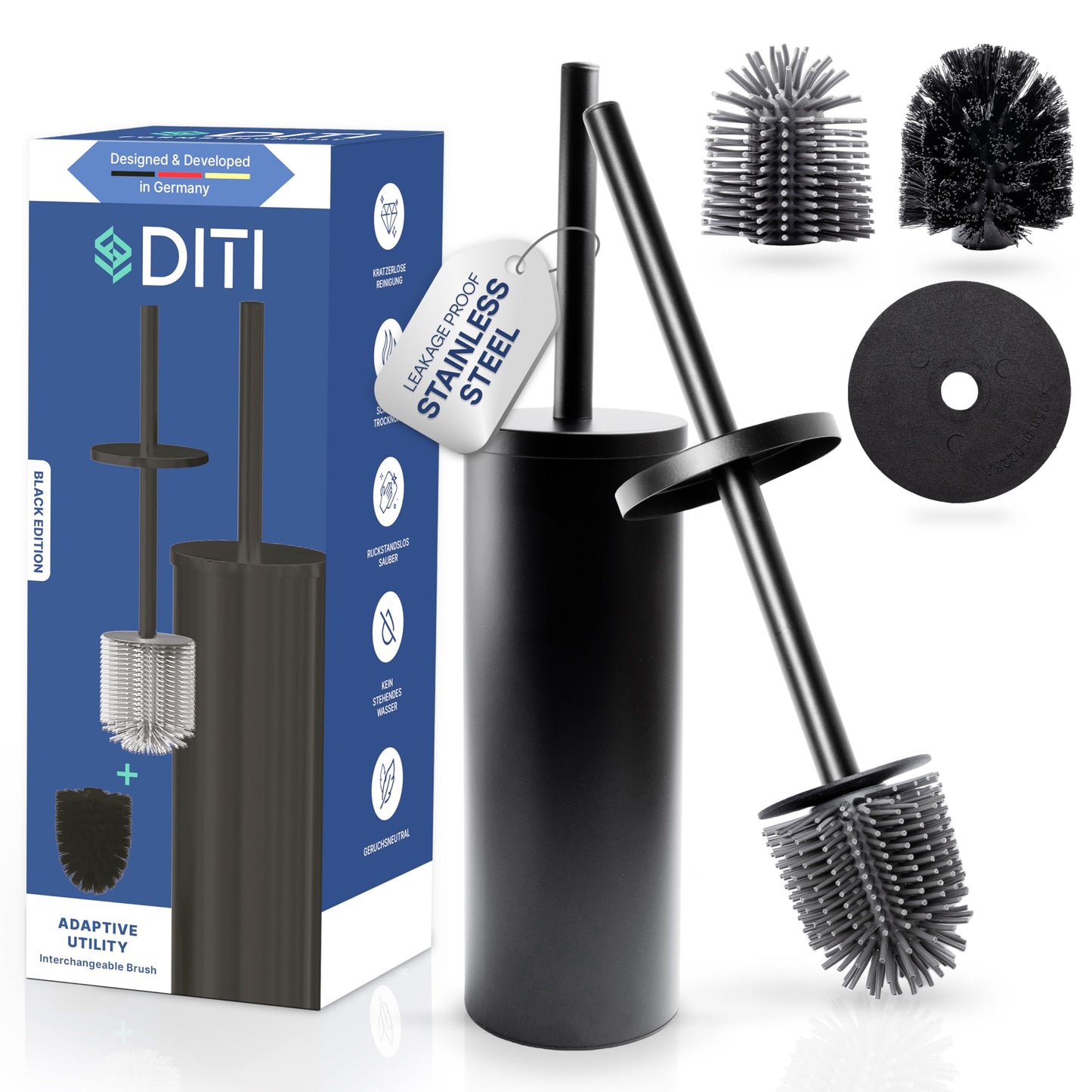DITI Toilet Brush Round Silicone Black ? Stainless Steel Toilet Brush with Holder Includes 2 Brush Heads, 2 Spray Protectors ? Antibacterial Toilet
