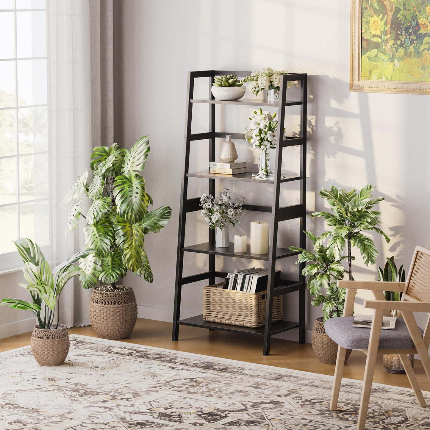 HITNET Ladder Shelf Black, 4-Tier Bookshelf, Freestanding Bathroom Storage Rack with Bamboo Frame, Plant Display Stand for Living Room, Kitchen