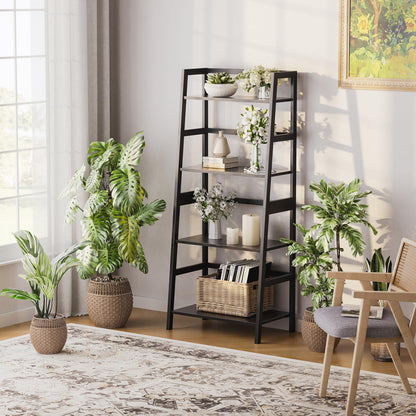 HITNET Ladder Shelf Black, 4-Tier Bookshelf, Freestanding Bathroom Storage Rack with Bamboo Frame, Plant Display Stand for Living Room, Kitchen