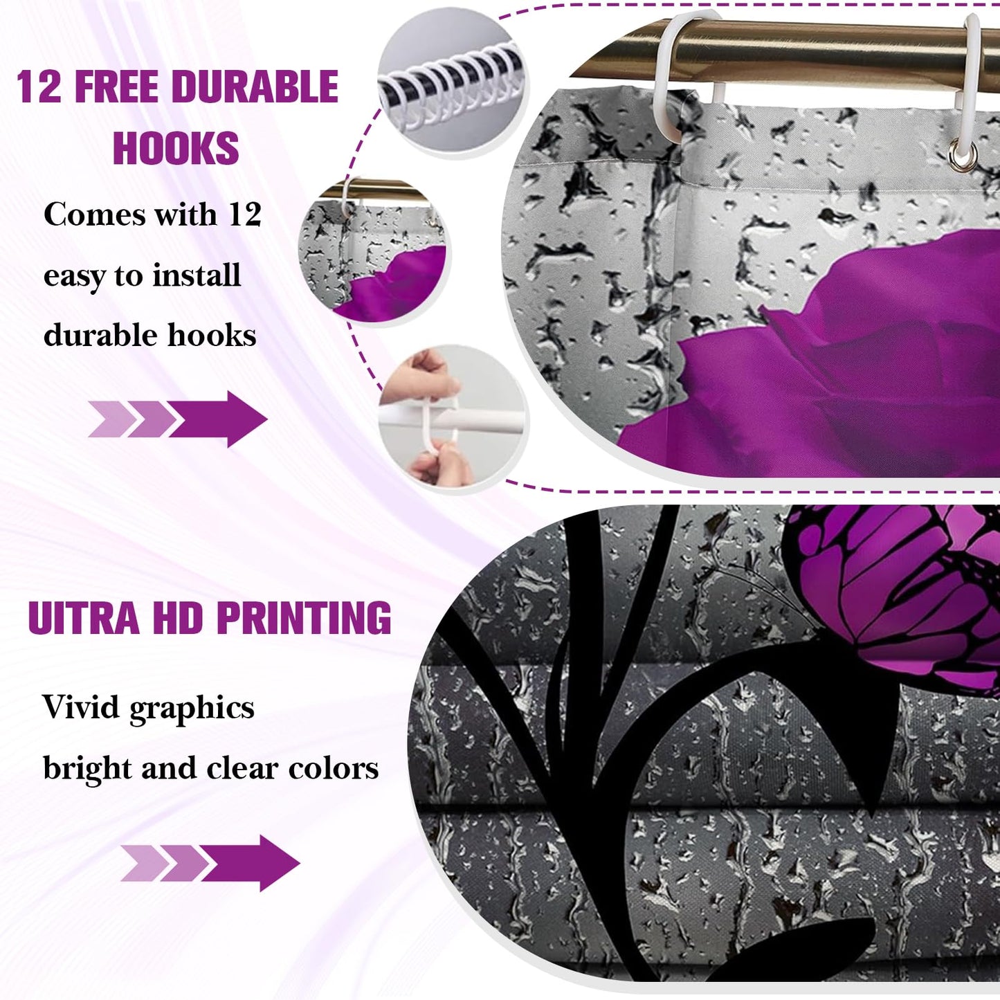 BXFUL 4 Piece Waterproof Shower Curtain Set for Bathroom-Rose-Non-Slip Bath Mat and 12 Hooks,Curtain Set with Rug,Toilet Lid Cover Bathroom