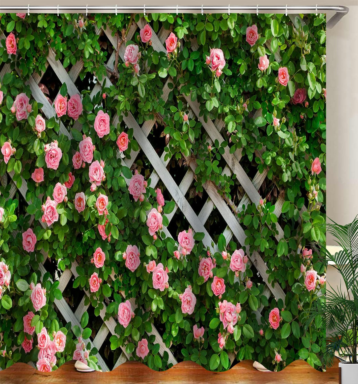 JOOCAR Garden Shower Curtain, Rustic Decor Rosemary Roses Flower on Fence, Waterproof Cloth Fabric Bathroom Decor Set with Hooks