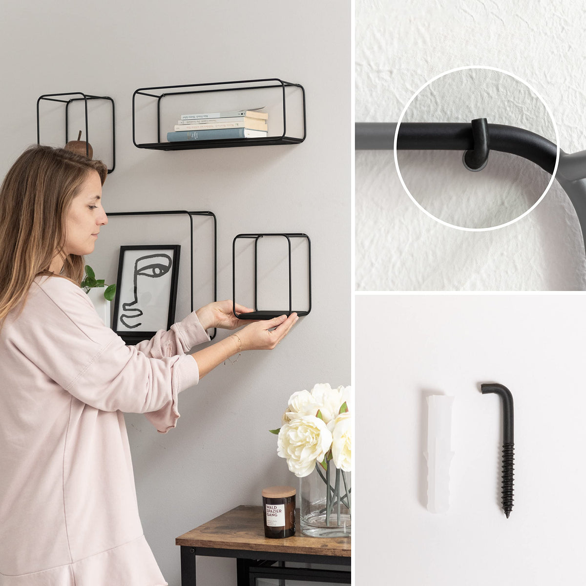 Kazai. Wall Shelves -Jona- | 4-Part Shelving Unit made of Metal and Real Wood Veneer | Wall Decor, Storage and Book Shelf for Bathroom, Living Room