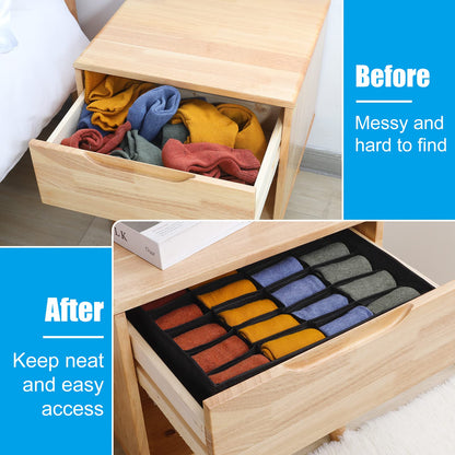 Yorgewd Drawer Organisers - 2 Pack, Foldable Dividers Wardrobe Closet Storage Box for Socks, Ties, Underwear (Black)