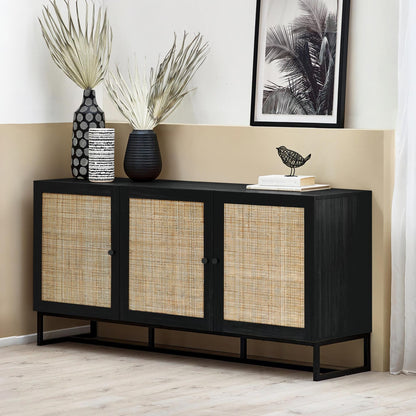 Julian Bowen Padstow Sideboard, Rattan Doors, Black - H75 x W160 x D40cm