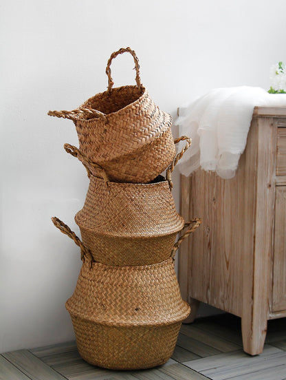 FEILANDUO Seagrass Belly Basket Woven Plant Pot with Handle, Natural Foldable Laundry Toy Storage Baskets for Shelves