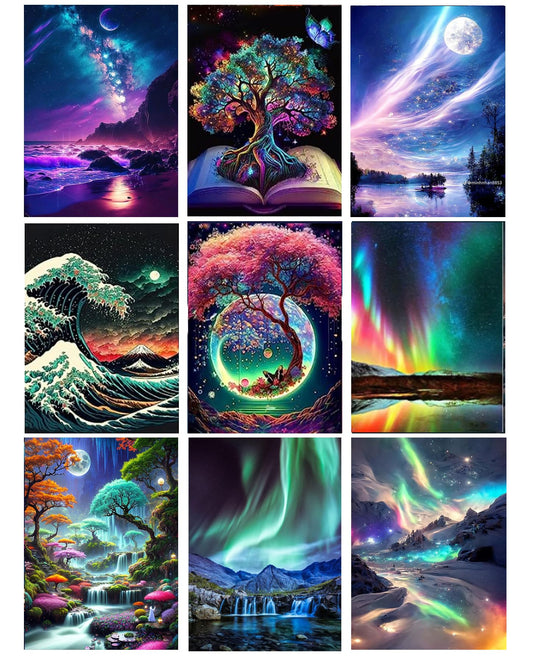 9 Pack Landscape Diamond Painting Kits for Adults?5D DIY Aurora with Tree Diamond Art Kits for Beginners Round Full Drill Painting with Diamonds Gem