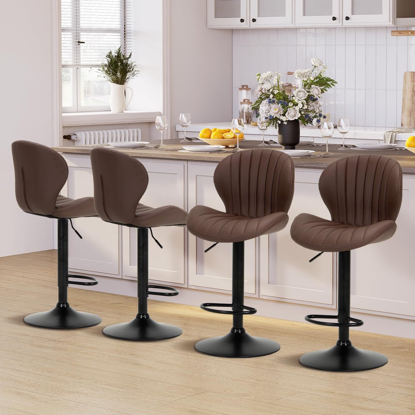 COLAMY Breakfast Bar Stools Set of 4, Modern Swivel Kitchen Bar Chairs, Adjustable PU Leather Upholstered Barstools Counter Height with High Backrest