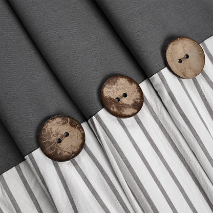 DOSLY IDÉES Linen-Cotton Shower Curtain, Country Style, Grey Striped, Buttons, Woven Fabric, Pleated, 180 x 180 cm