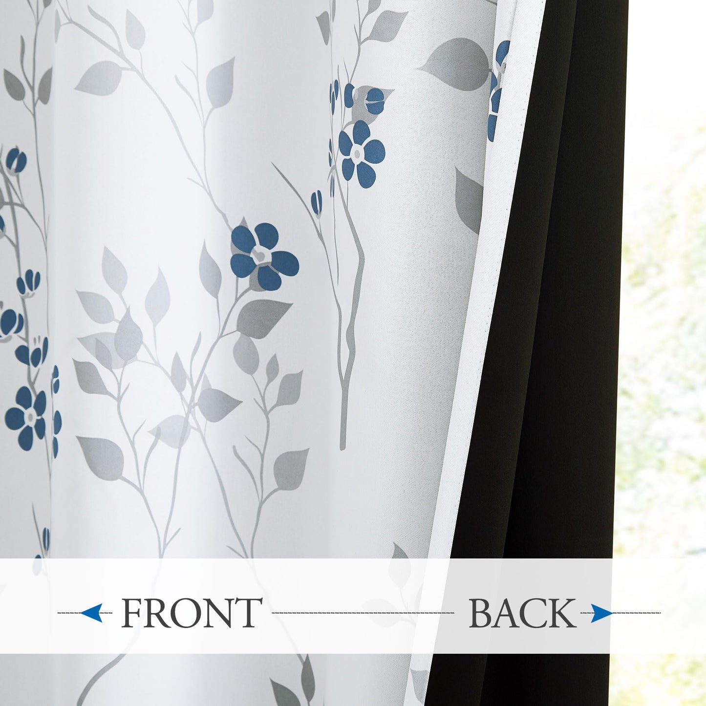 Beauoop Blue Grey Floral Blackout Curtains for Bedroom Living Room 72 Inch Drop Leaf Print Eyelet Curtain Botanical Thermal Insulated Noise Reducing