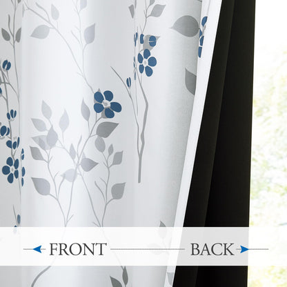 Beauoop Blue Grey Floral Blackout Curtains for Bedroom Living Room 72 Inch Drop Leaf Print Eyelet Curtain Botanical Thermal Insulated Noise Reducing