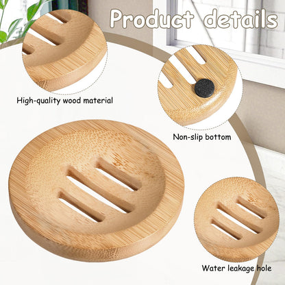 Bamboo Soap Dish, 2 Pcs Round Wooden Soap Holder Natural Wood Soap Tray Self Draining Soap Dish for Bathroom Shower Kitchen Sink