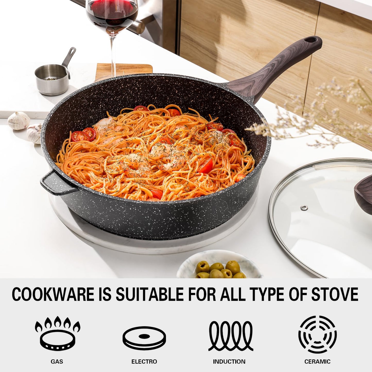 Kordisen Nonstick Deep Frying Pan, 26 cm Skillet with Lid, Granite Stone Saute Pan for Cooking, Induction Cookware, Compatible with All Stovetops,