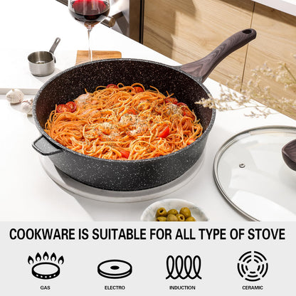 Kordisen Nonstick Deep Frying Pan, 26 cm Skillet with Lid, Granite Stone Saute Pan for Cooking, Induction Cookware, Compatible with All Stovetops,