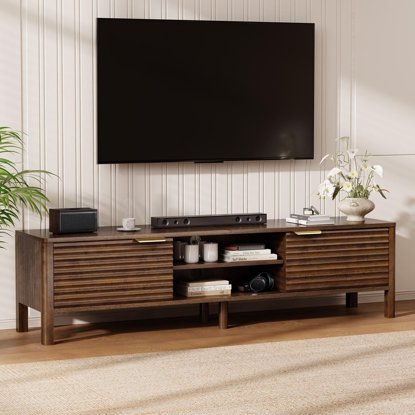 IKALIFE Wooden TV Stand Cabinet - 150cm Long TV Unit With Storage, Walnut