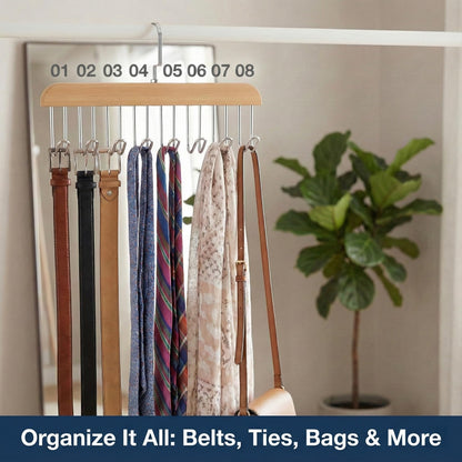 Wooden Belt Hanger 2 Pack, 8-Hook Swivel Belt Organizer for Closet