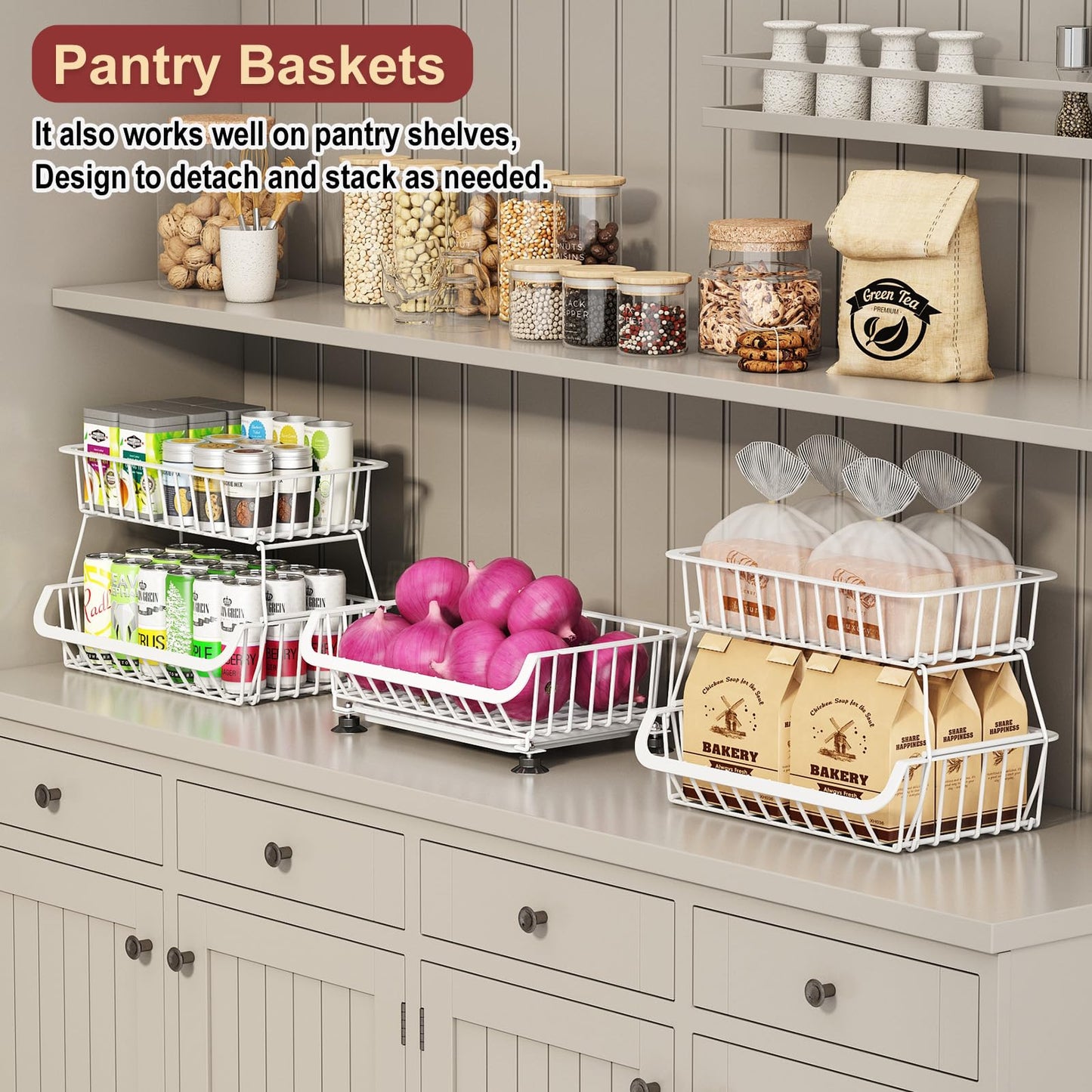 Miyawell 3-Tier Rolling Pantry Cart with Wheels, Stackable Wire Storage Floor Organizer for Kitchen Pantry Snack Shelves, Fruit Basket Stand