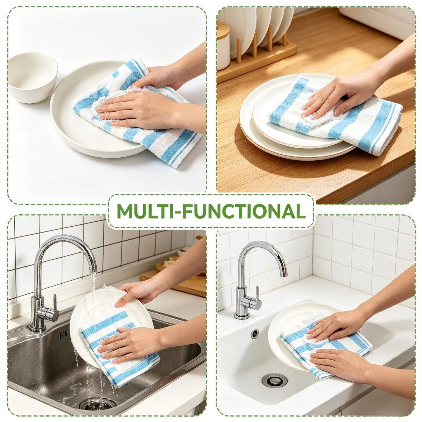 Riewy 2 Pack Absorbent Tea Towels, 40 x 60 cm 100% Microfibre Dish Cloth Towel in Sweet Summer Time Blue White Striped Prints