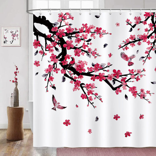 COZZSNUGE Floral Shower Curtain, Pink Red Plum Blossom Birds Bathroom Curtain 183 x 183 cm, Water Repellent Mildew Resistant Polyester with 12 Hooks