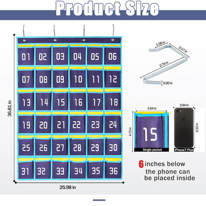 Loghotqqw Numbered Classroom Sundries Closet Pocket Chart for Cell Phones Holder Wall Door Hanging Organizer Blue (36 Pockets with Digital)