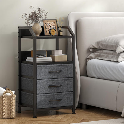 Feonase Bedside Table with 3 Fabric Drawers and Open Shelf, Nightstand for Bedroom, Living Room, Small Spaces – Metal Frame & Wooden Top