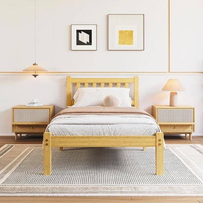 Hunlostten Single Bed Frame Wooden with Headboard - Bamboo Wood Bed Frames with Metal Slats Support and Underbed Storage Bedroom Furniture