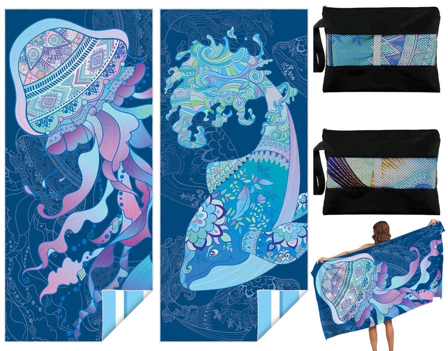 Bingobang 2 Pack Microfiber Beach Towels for Adults Extra Large, 180?90 cm Quick Dry Lightweight Beach Towel with Net Bag, Thin Sand Free Travel