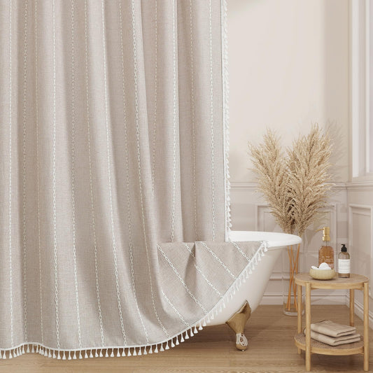 MitoVilla Boho Farmhouse Fabric Shower Curtain, Tan Brown Modern Cotton Linen Shower Curtains for Vintage Country Bathroom Decor
