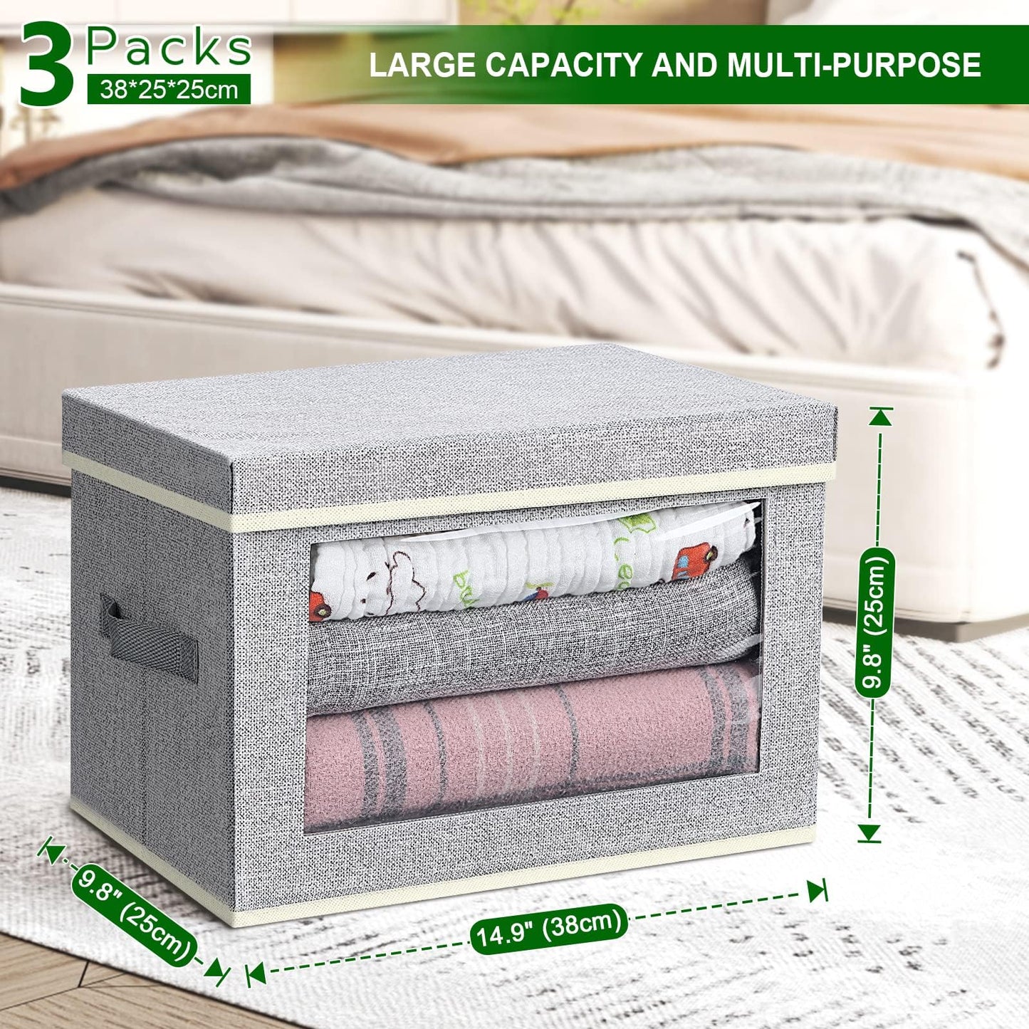 DIMJ 3 Pack Foldable Storage Boxes with Lids - Storage Bins with Clear Window, Fabric Storage Basket with Handle Wardrobe Organiser for Clothes, Toys