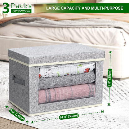 DIMJ 3 Pack Foldable Storage Boxes with Lids - Storage Bins with Clear Window, Fabric Storage Basket with Handle Wardrobe Organiser for Clothes, Toys