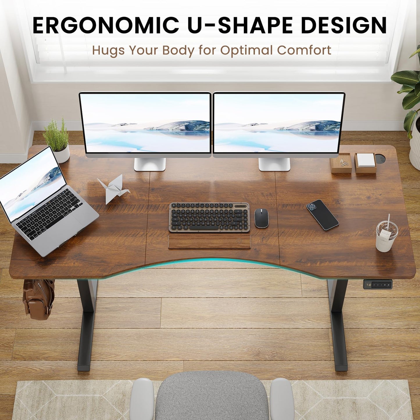 Farini U-Shaped Ergonomic Electric Standing Desk, 140x60cm, Height Adjustable Sit to Stand Desk with Memory Keypad & Headphone Hook for Home and