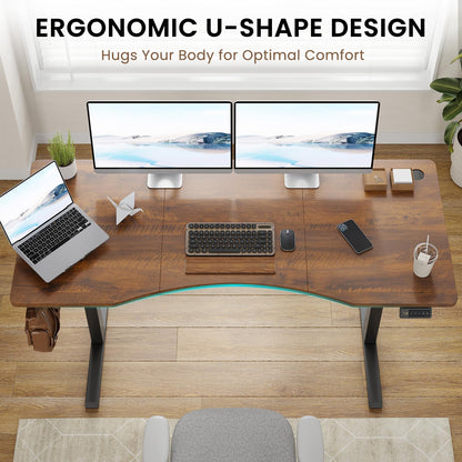 Farini U-Shaped Ergonomic Electric Standing Desk, 140x60cm, Height Adjustable Sit to Stand Desk with Memory Keypad & Headphone Hook for Home and