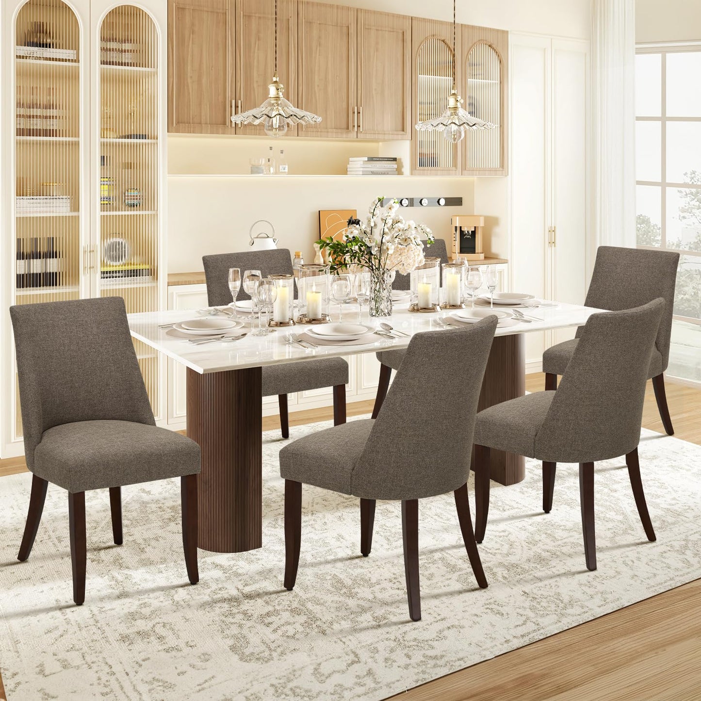 COLAMY Upholstered Dining Chairs Set of 6, Linen Fabric Parsons Dining Room Chairs with Curved Backrest, Solid Rubber Wood Legs