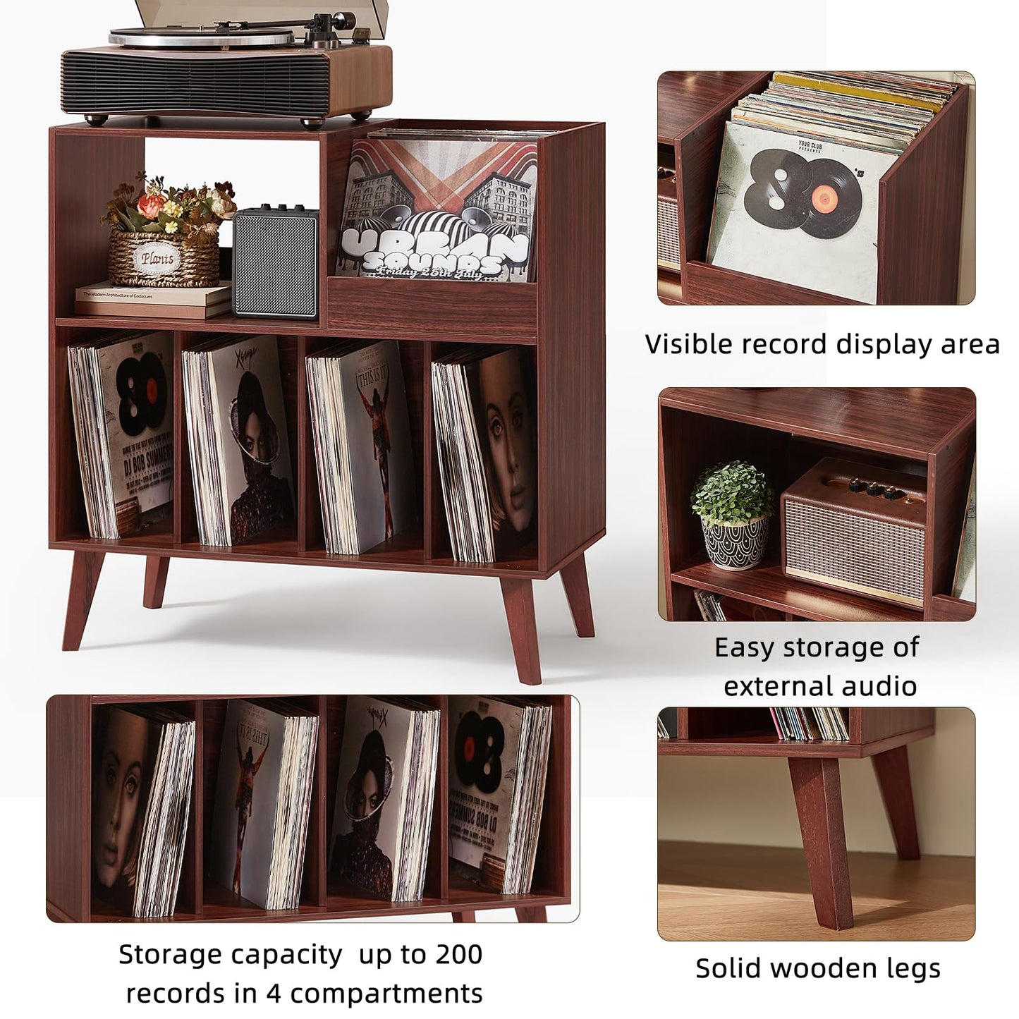 Large record stand with storage, record player stand with shelf, vinyl record holder with presentation surface, record stand for up to 300 albums