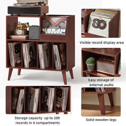 Large record stand with storage, record player stand with shelf, vinyl record holder with presentation surface, record stand for up to 300 albums