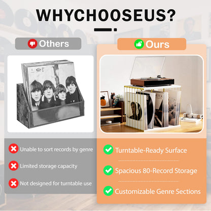 Emfogoo Vinyl Record Storage, Metal & Wooden Vinyl Record Holder Up to 80 LP Albums, 3-Compartment Record Player Stand for Magazine, Book, Files