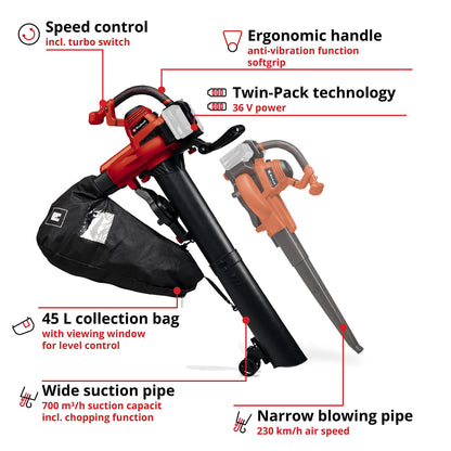 Power X-Change 36V Cordless Leaf Blower And Vacuum - Air Blower With Suction Function And Turbo Switch - GE-CL 36/230 Li E Solo Garden Blower