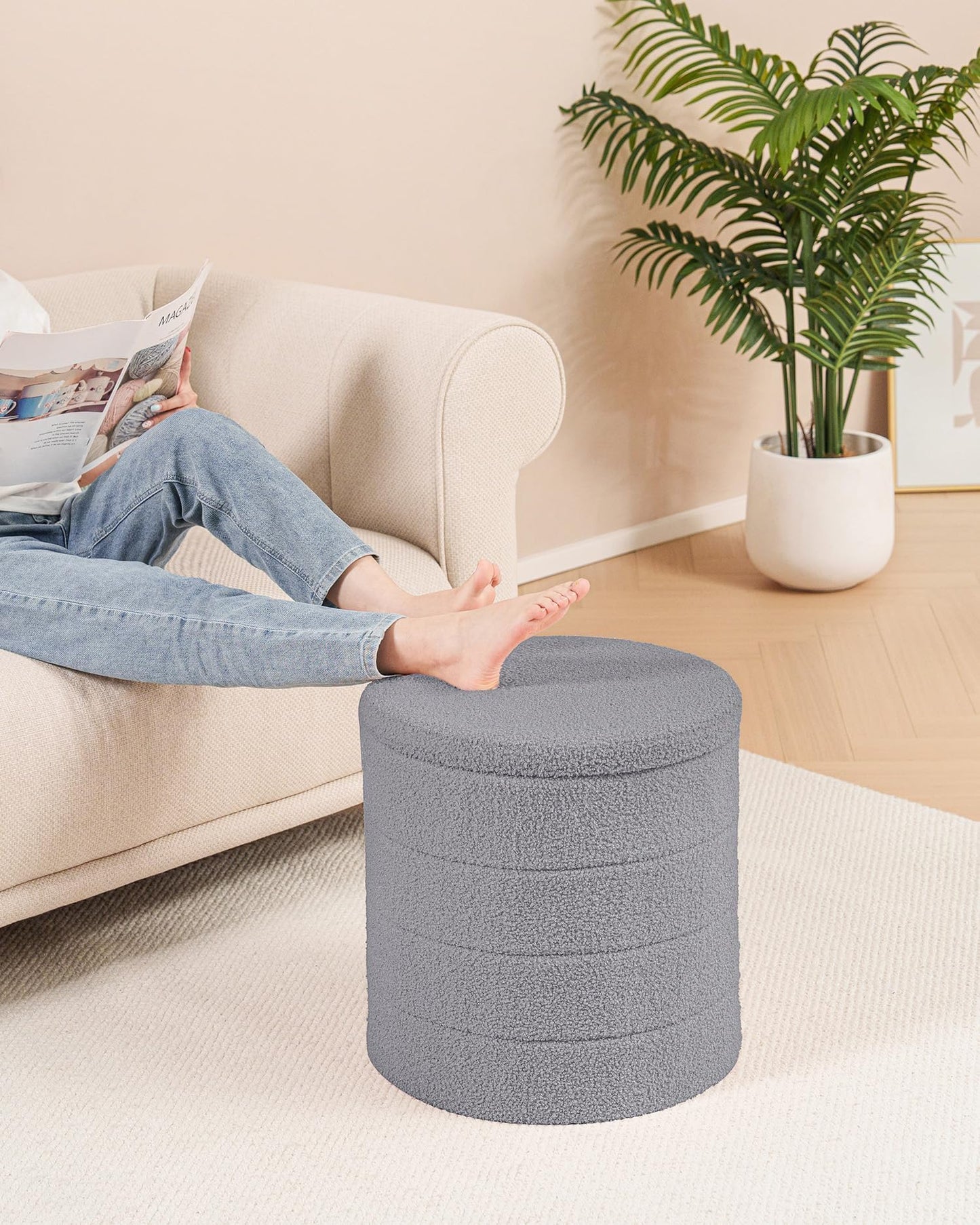 Bonlife Boucle Ottoman Storage, Foot Rest Stool Seat, Folding Footstool for Living Room, Sherpa Ottoman for Bedroom, Grey, 43x43x45 cm