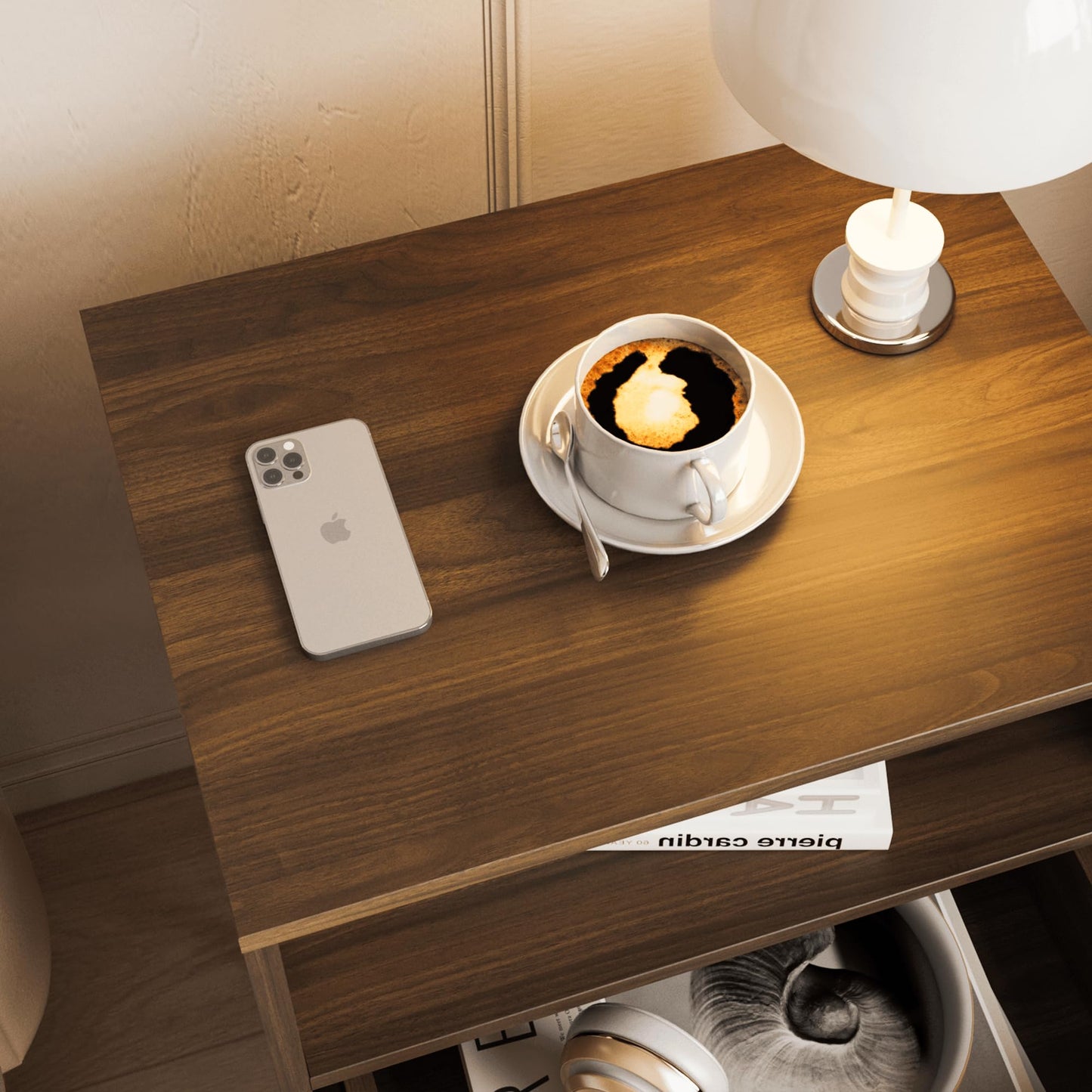 JERX Rattan Bedside Table, Farmhouse Nightstand with 2 Storage Drawer and Open Wood Shelf, for Bedroom and Small Spaces
