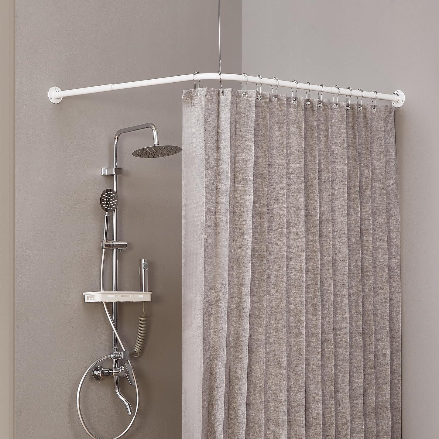 Crkmire L Shape Shower Curtain Rail, [61-134 cm] x [61-134 cm] Corner No Sag Square 90 Degree Over Corner Curved Curtain Rod for Bathroom with 12 Ring