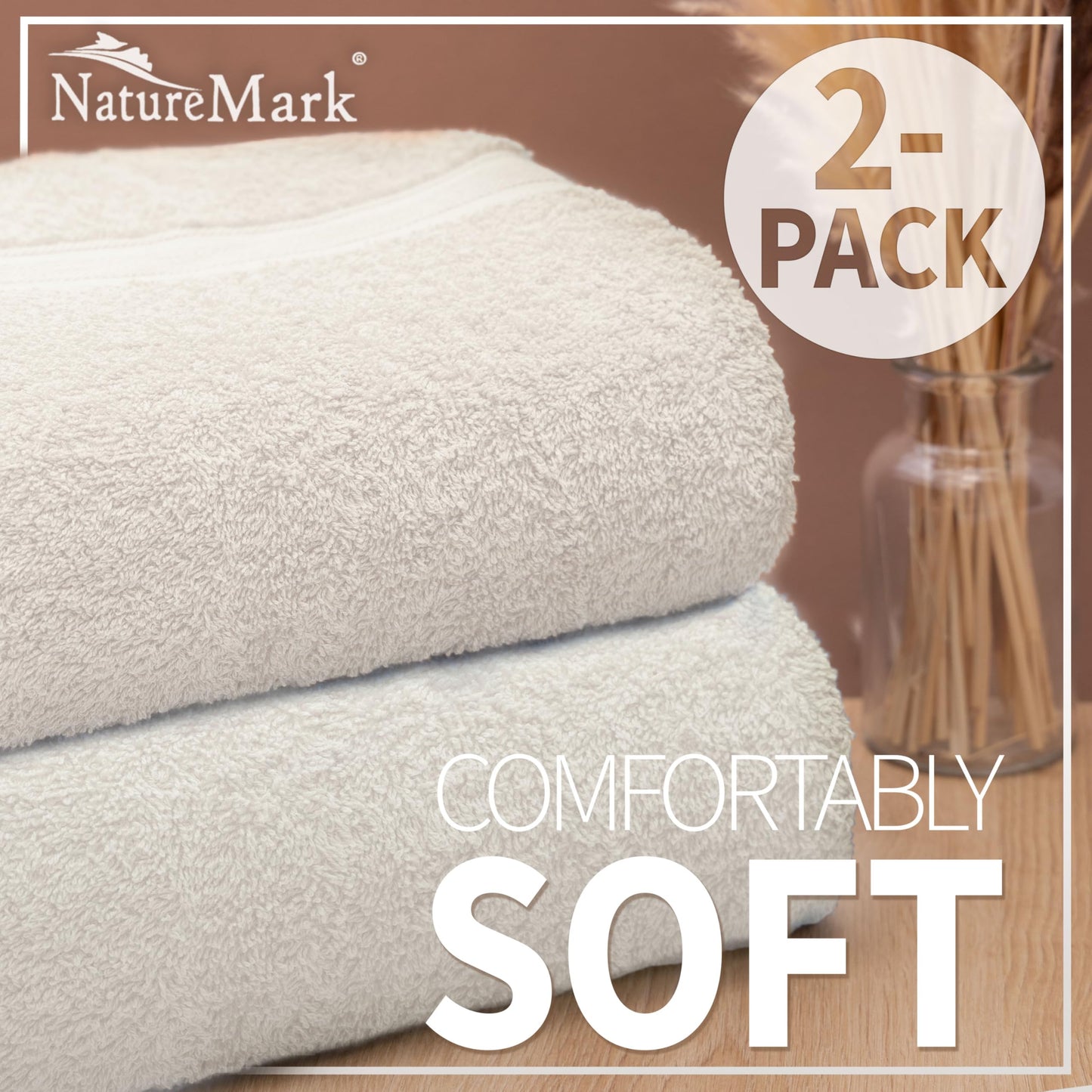 NatureMark Pack of 2 Bath Towels - 100% Cotton, 500 g/m² - Soft, Absorbent & Durable - For Home, Sauna & Travel - 70 x 140 cm, Natural/Cream