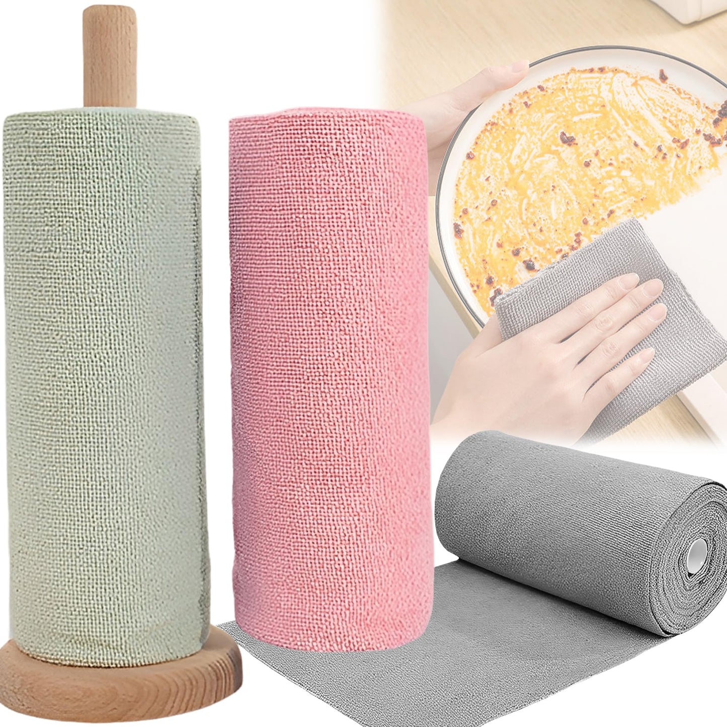 CXAFQ 3 Rolls Of Reusable Kitchen Cloths, 25 * 25cm, 60 Sheets In Total, Gray, Pink, Green, Both Dry And Wet Use, Microfibre Cloth Roll, Suitable For